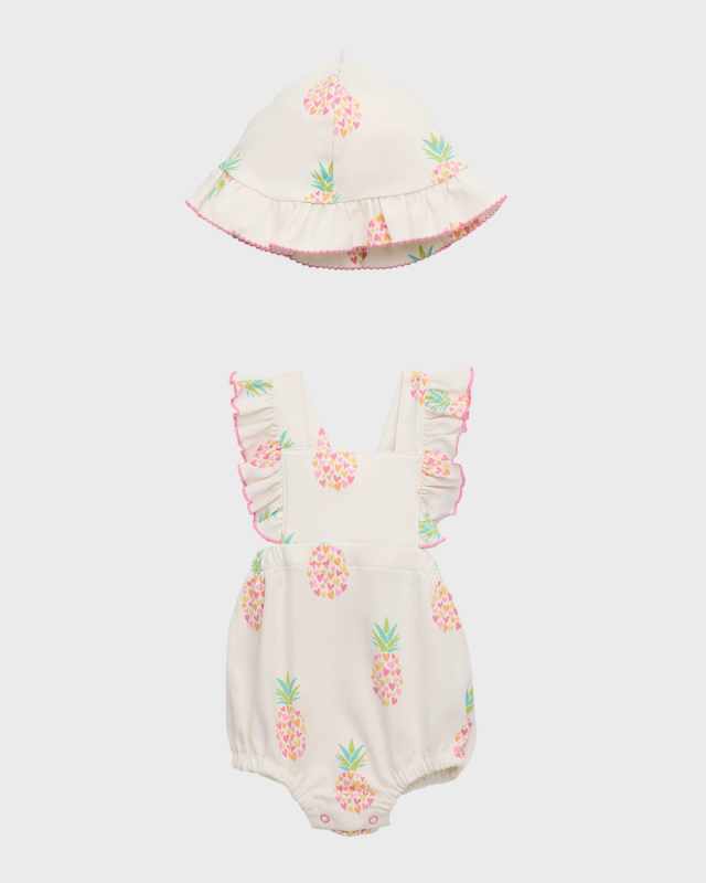 Girl's Kissy Love Fancy Pineapples Romper and Hat Set, Size 3M-18